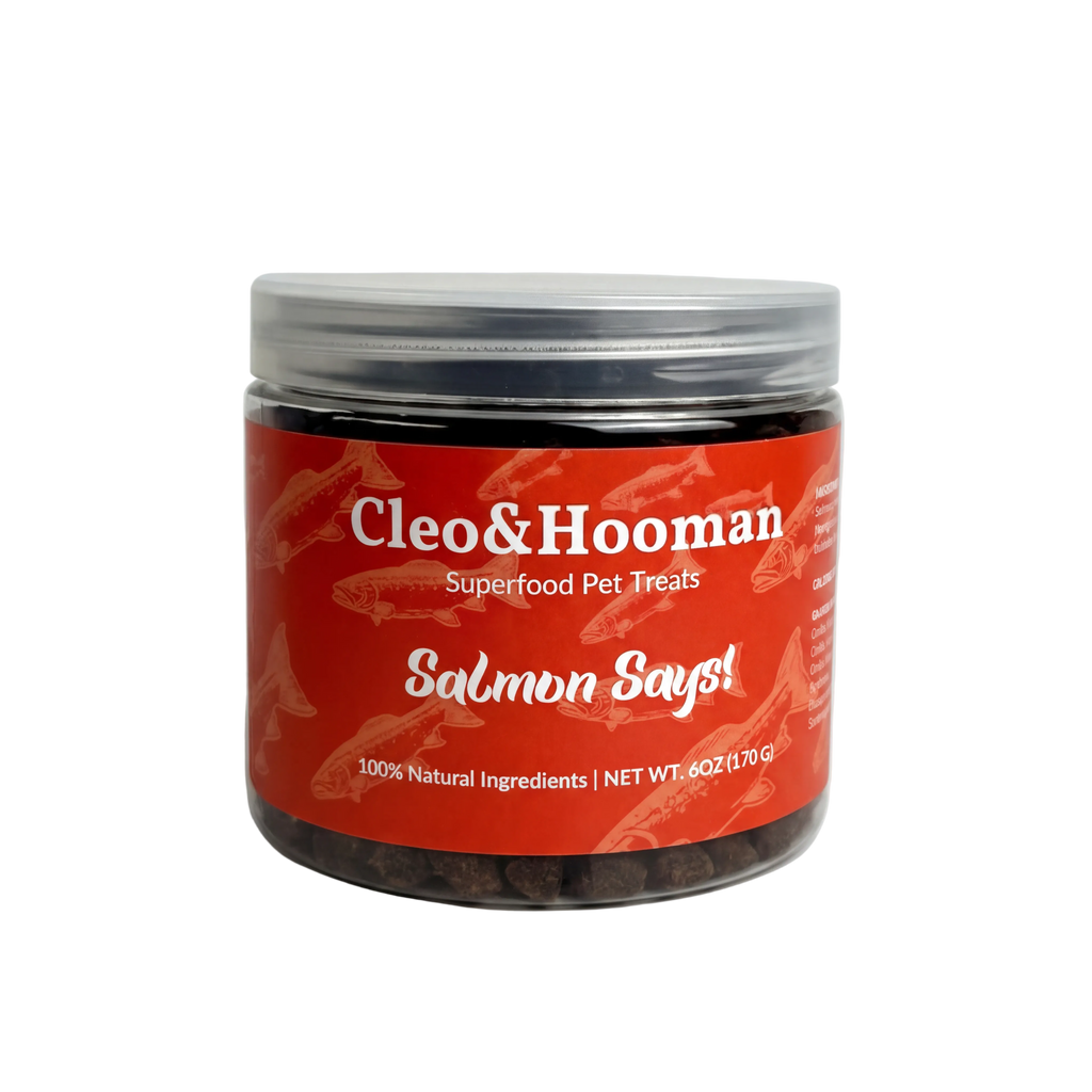 Jar of Cleo & Hooman Superfood Pet Treats with a red label on a white background