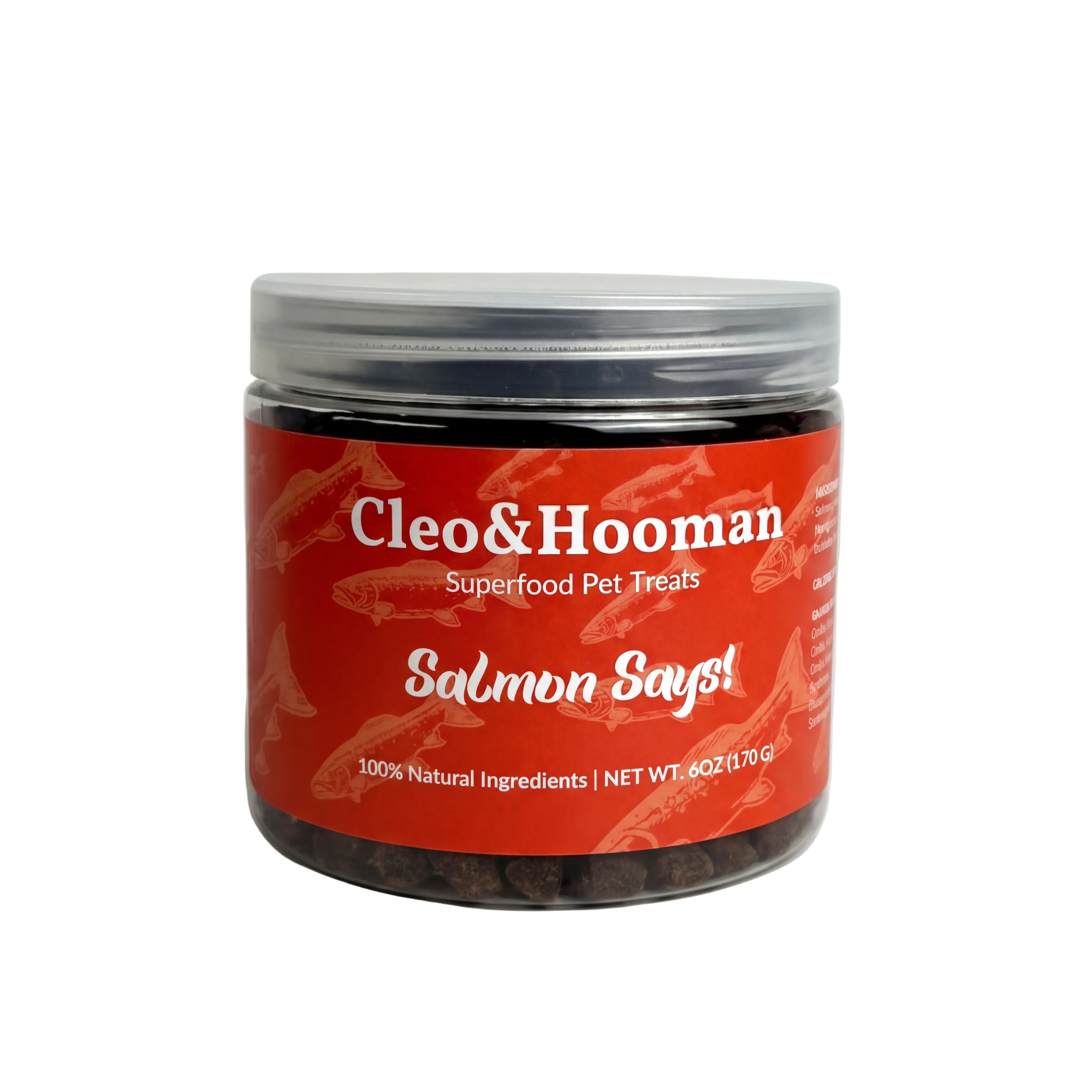 Jar of Cleo & Hooman Superfood Pet Treats with a red label on a white background
