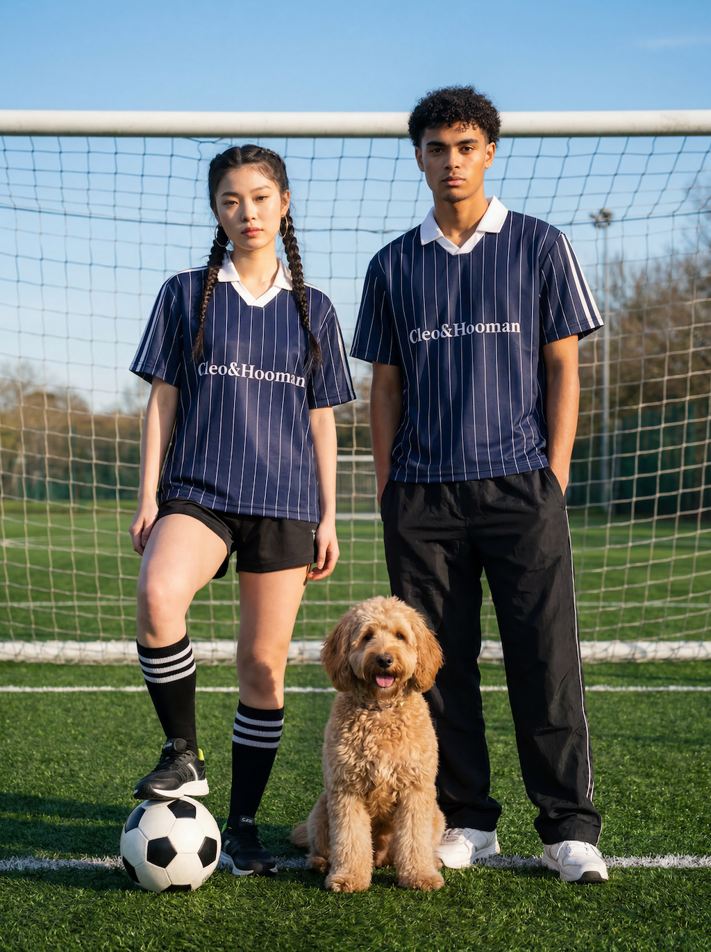 Two people in soccer uniforms standing on a field with a dog, wearing 'cleo&hooman' branded jerseys.