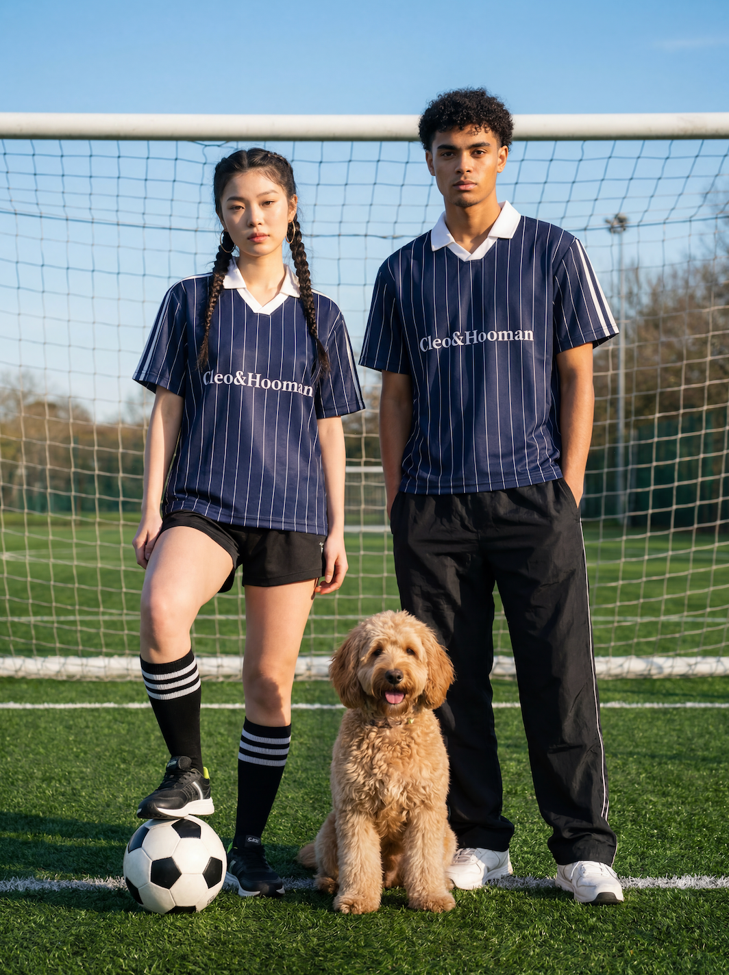 Two people in soccer uniforms standing on a field with a dog, wearing 'cleo&hooman' branded jerseys.