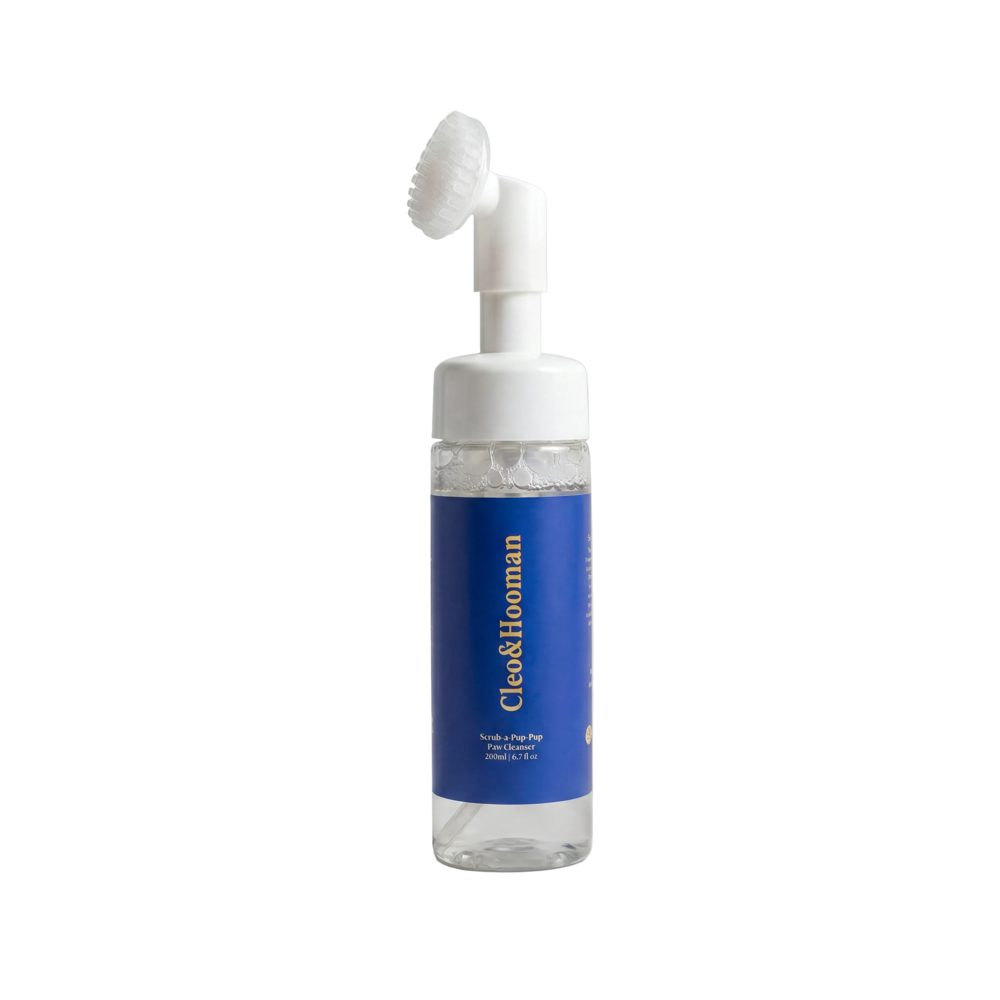 Bottle with blue label and white pump on a light gray background