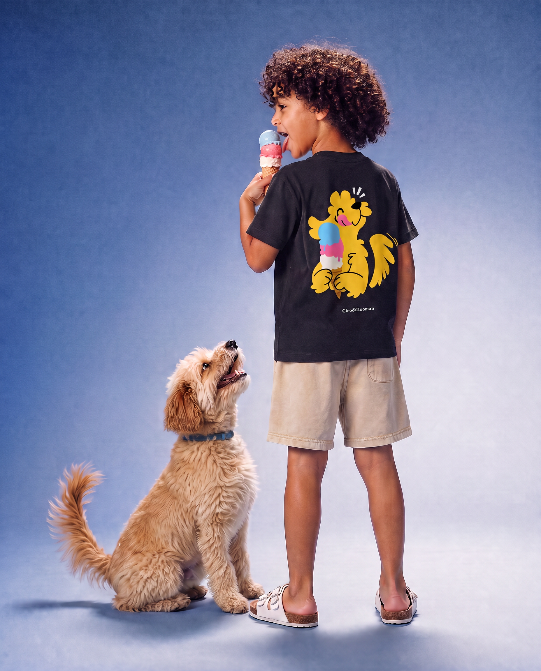 A child stands on a blue studio background holding an ice cream cone, wearing a black T-shirt with a large yellow cartoon dog graphic on the back and beige shorts. A fluffy tan dog sits beside them.