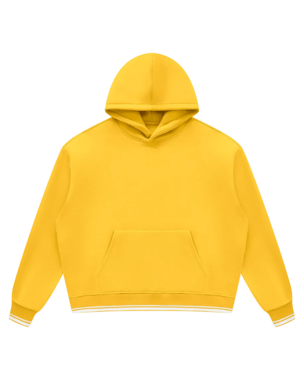 A bright yellow cropped pullover hoodie with a front kangaroo pocket and white striped ribbed cuffs and hem, shown against a plain white background.