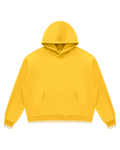 A bright yellow cropped pullover hoodie with a front kangaroo pocket and white striped ribbed cuffs and hem, shown against a plain white background.
