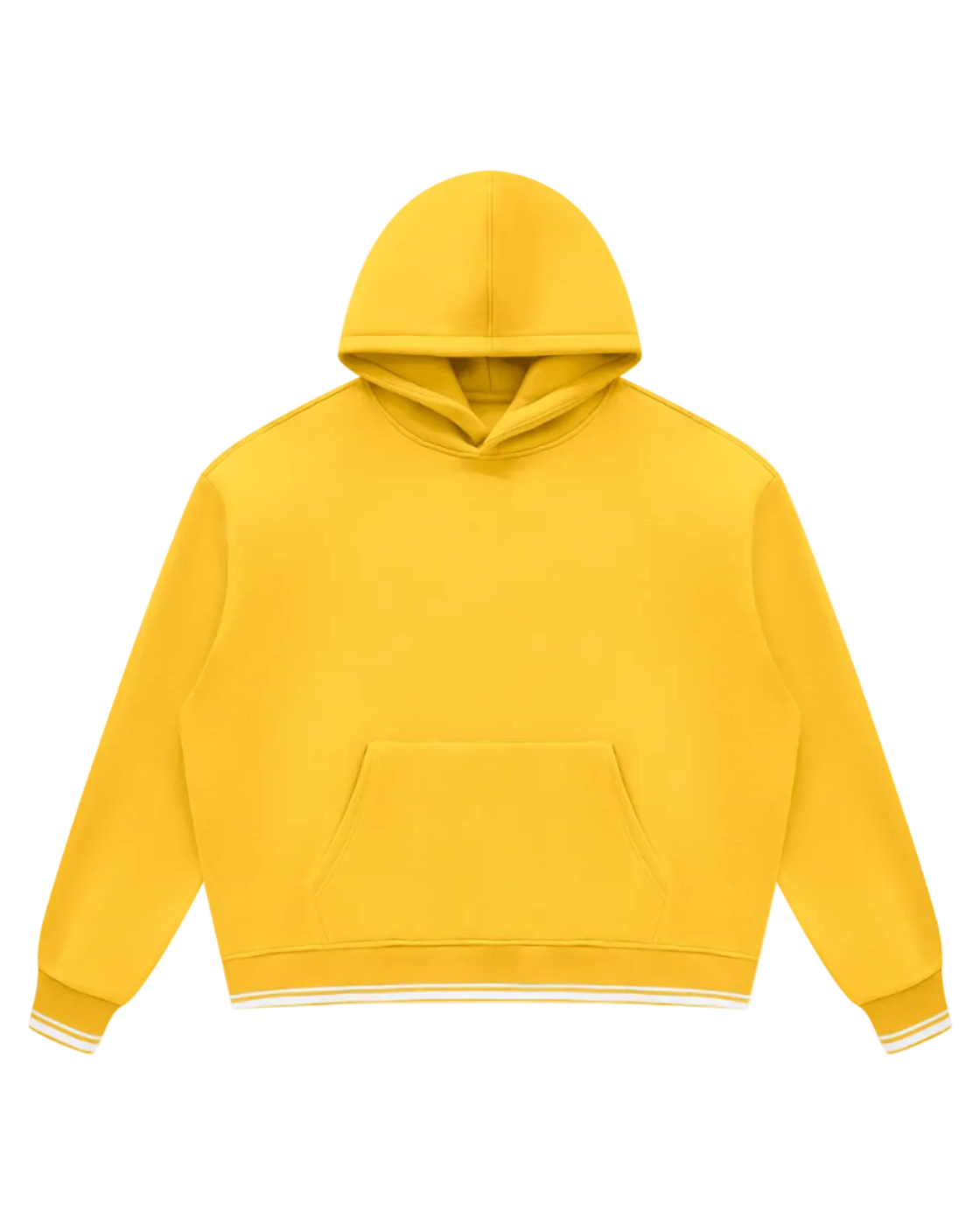 A bright yellow cropped pullover hoodie with a front kangaroo pocket and white striped ribbed cuffs and hem, shown against a plain white background.