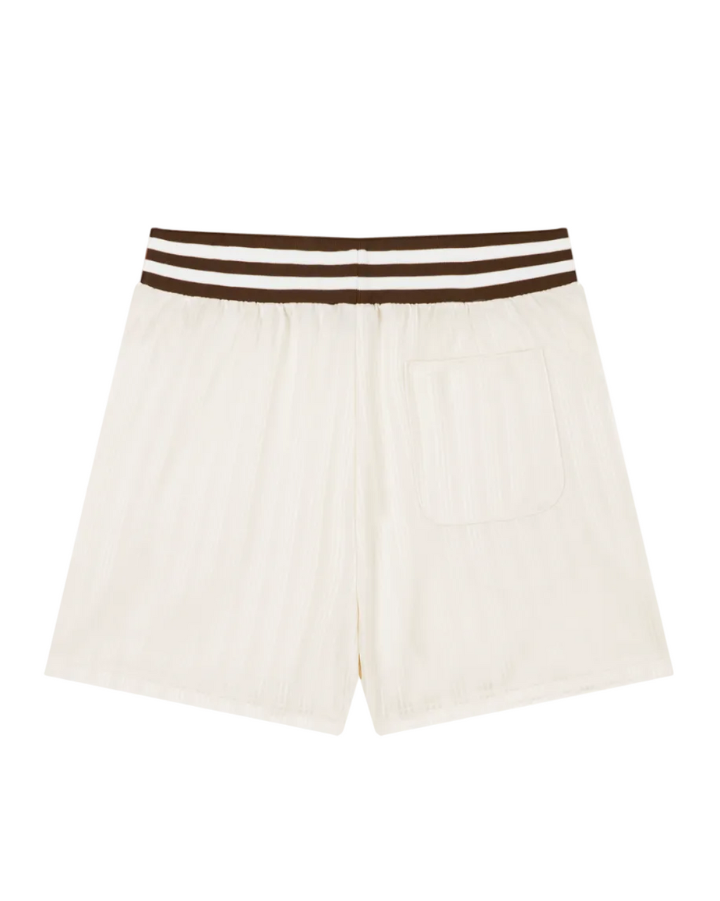 Beige shorts with a brown waistband on a white background