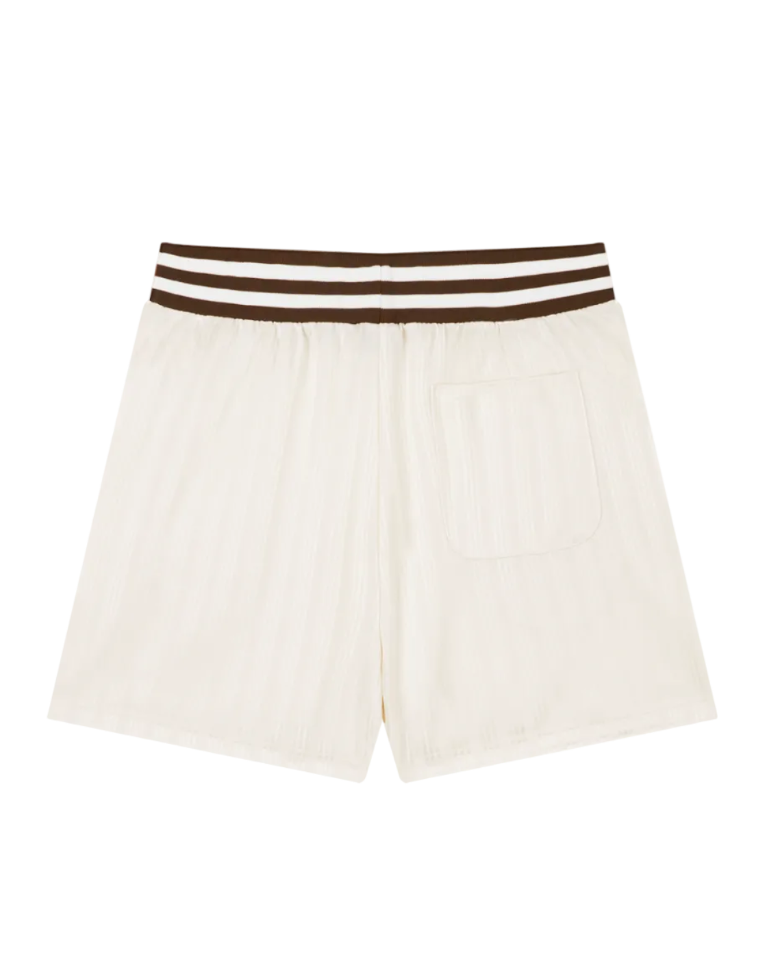 Beige shorts with a brown waistband on a white background