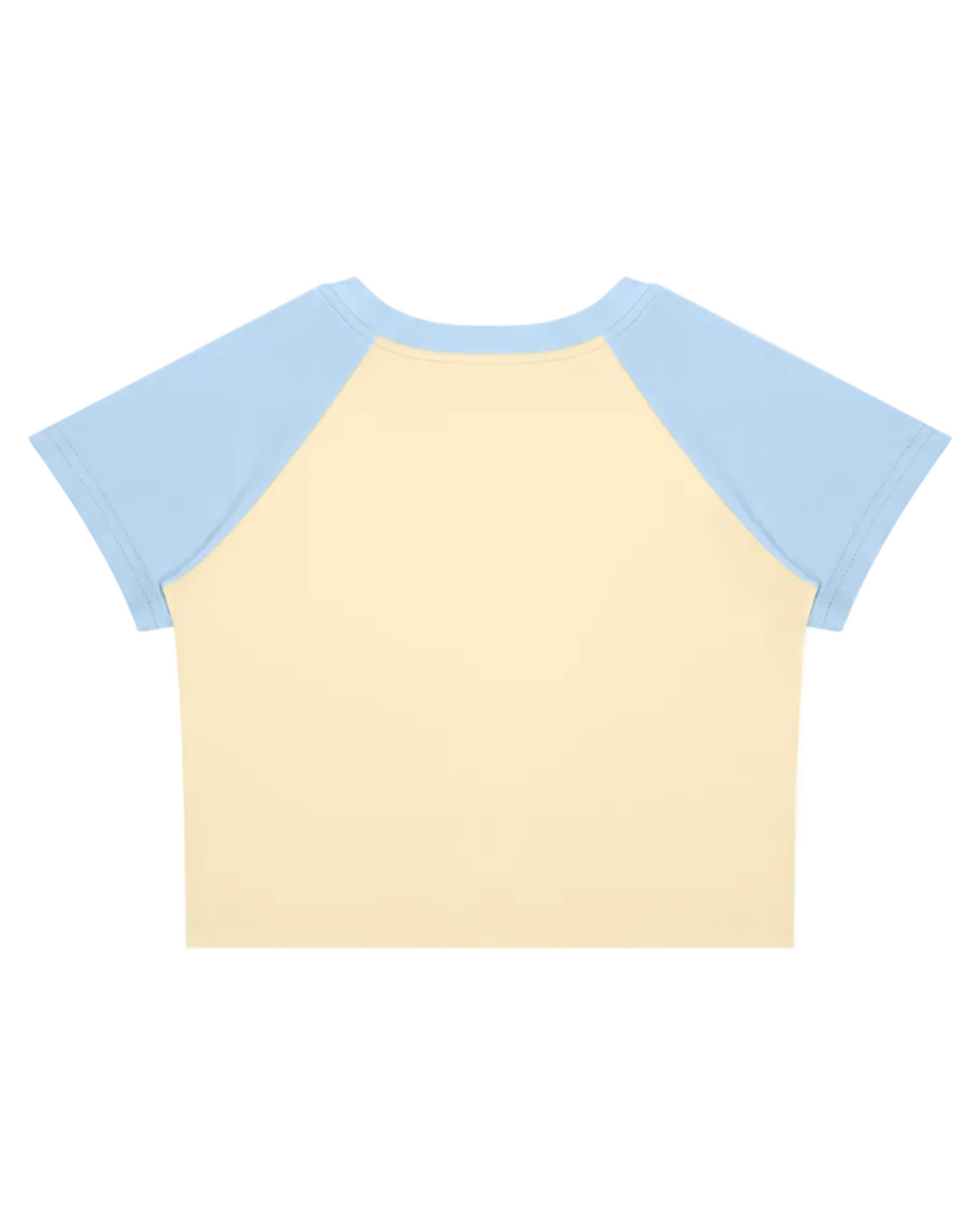 A short-sleeve raglan t-shirt with a light cream-yellow body and light blue sleeves, shown flat against a solid white background.