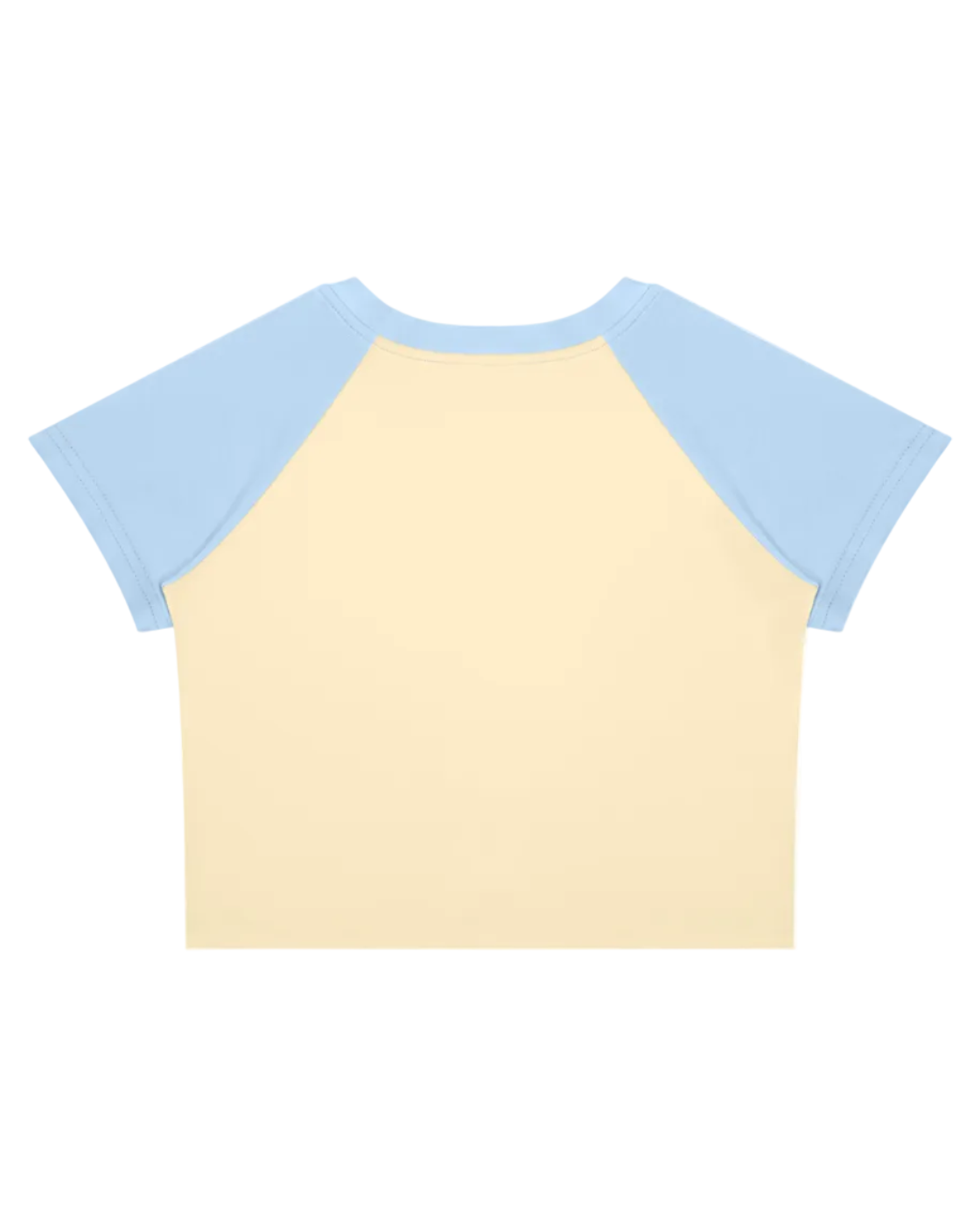 A short-sleeve raglan t-shirt with a light cream-yellow body and light blue sleeves, shown flat against a solid white background.
