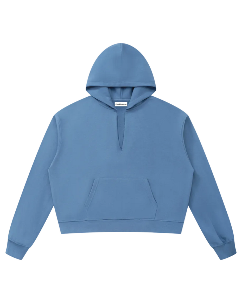 A dusty blue cropped pullover hoodie with a half-zip neckline, kangaroo pocket, and ribbed cuffs and hem, shown flat on a white background.