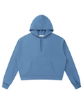 A dusty blue cropped pullover hoodie with a half-zip neckline, kangaroo pocket, and ribbed cuffs and hem, shown flat on a white background.