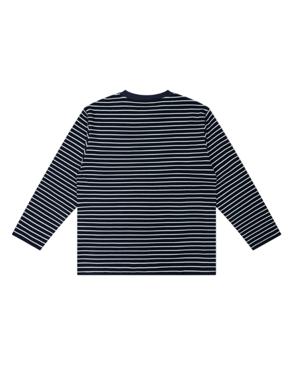 Navy and white striped long-sleeve shirt on a white background