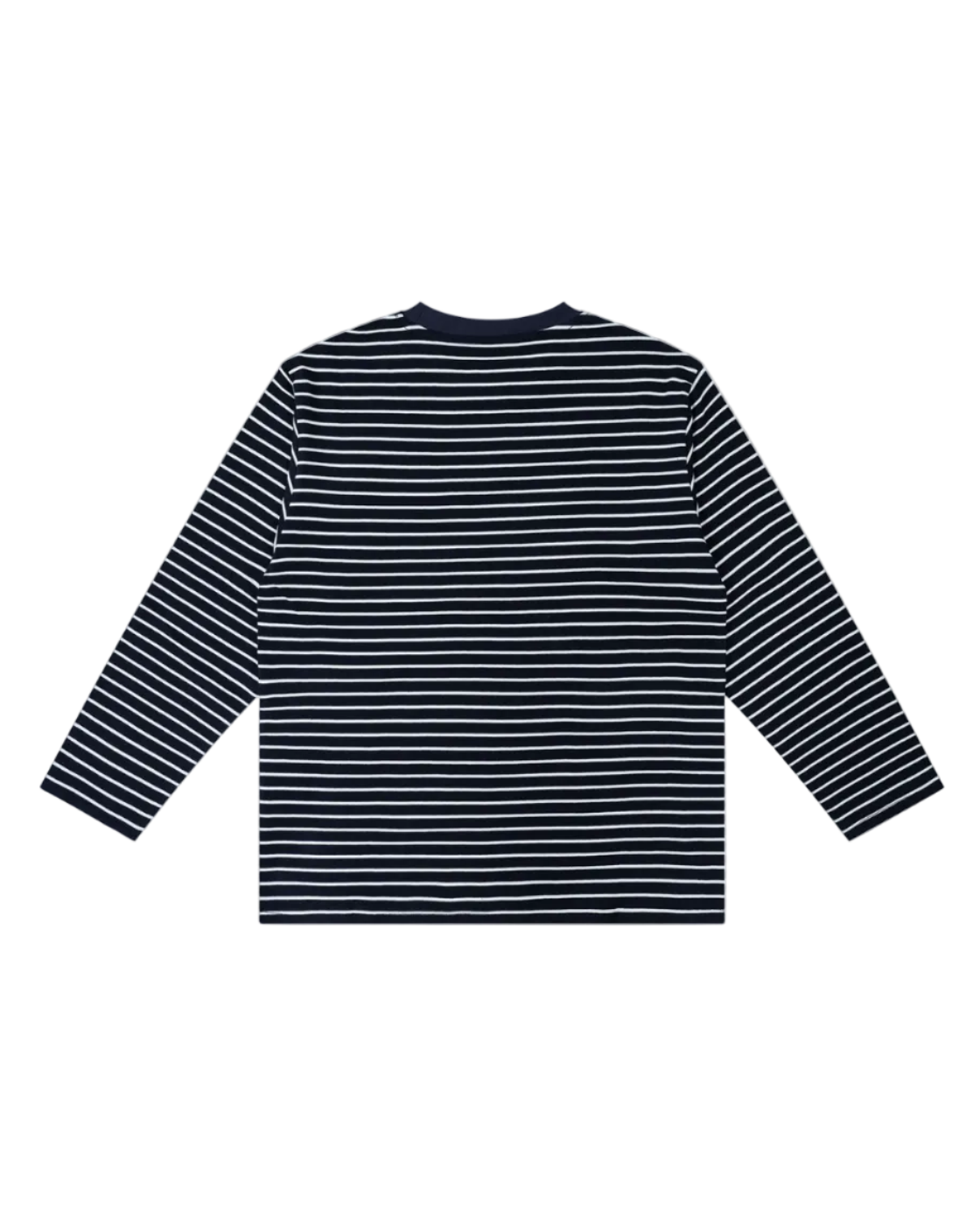Navy and white striped long-sleeve shirt on a white background