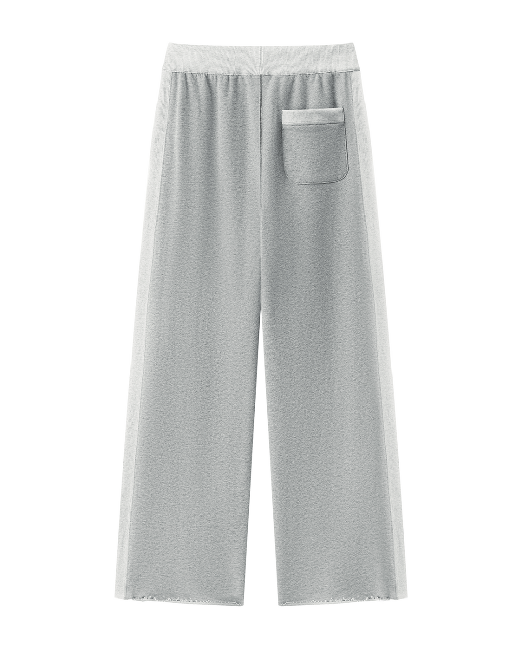 Light gray wide-leg lounge pants with a relaxed straight fit, elastic waistband, and a single patch pocket on the left side, shown against a plain white background.