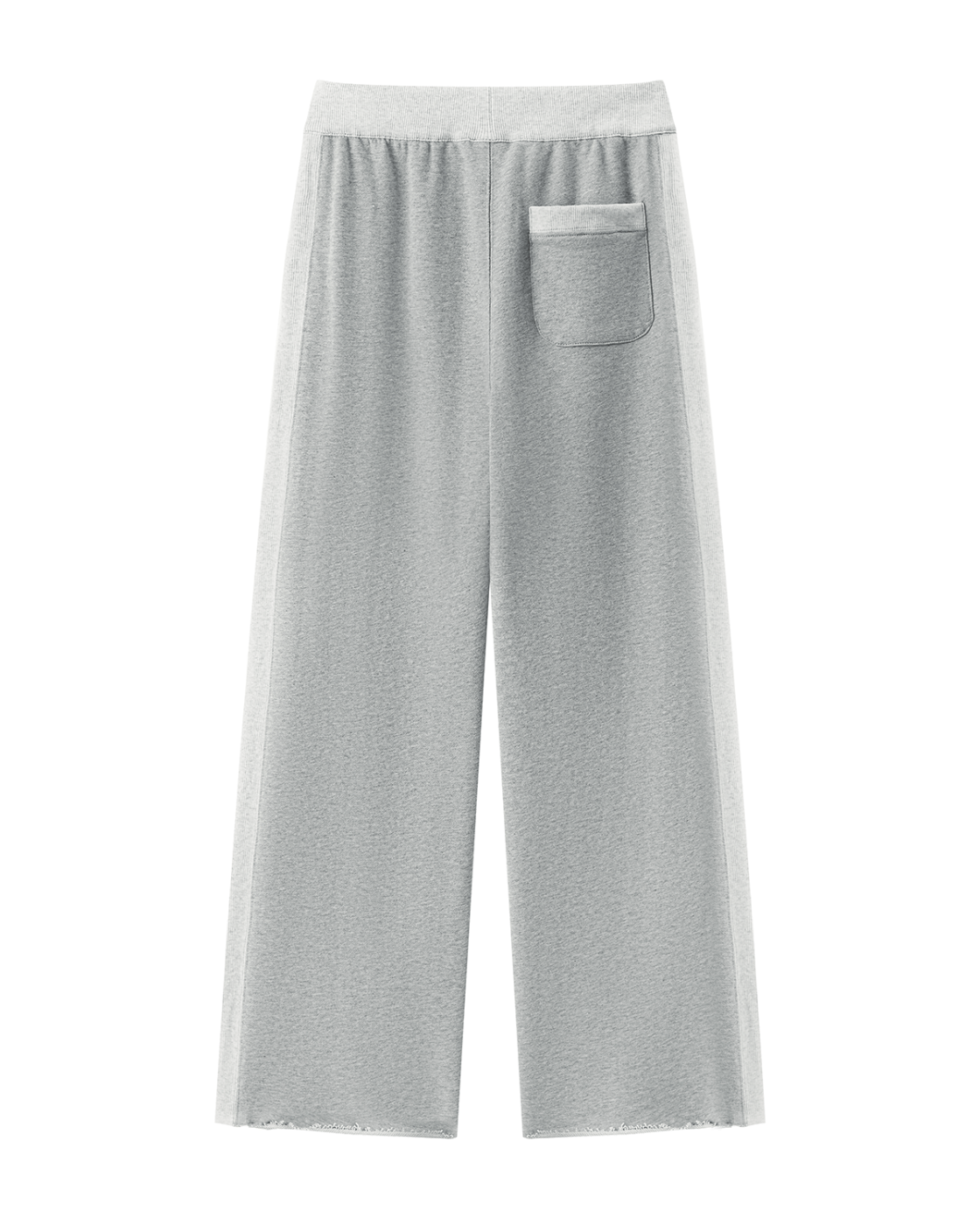 Light gray wide-leg lounge pants with a relaxed straight fit, elastic waistband, and a single patch pocket on the left side, shown against a plain white background.