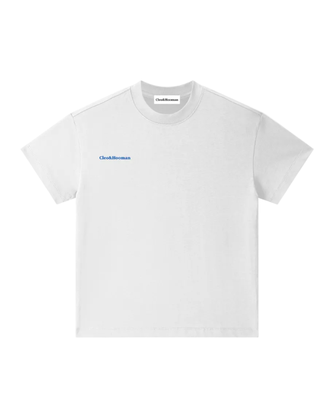 A white short-sleeve crewneck t-shirt with 'Cleo&Hooman' printed in blue text on the left chest, displayed on a clean white background.