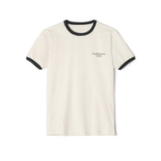 White t-shirt with black trim on a white background