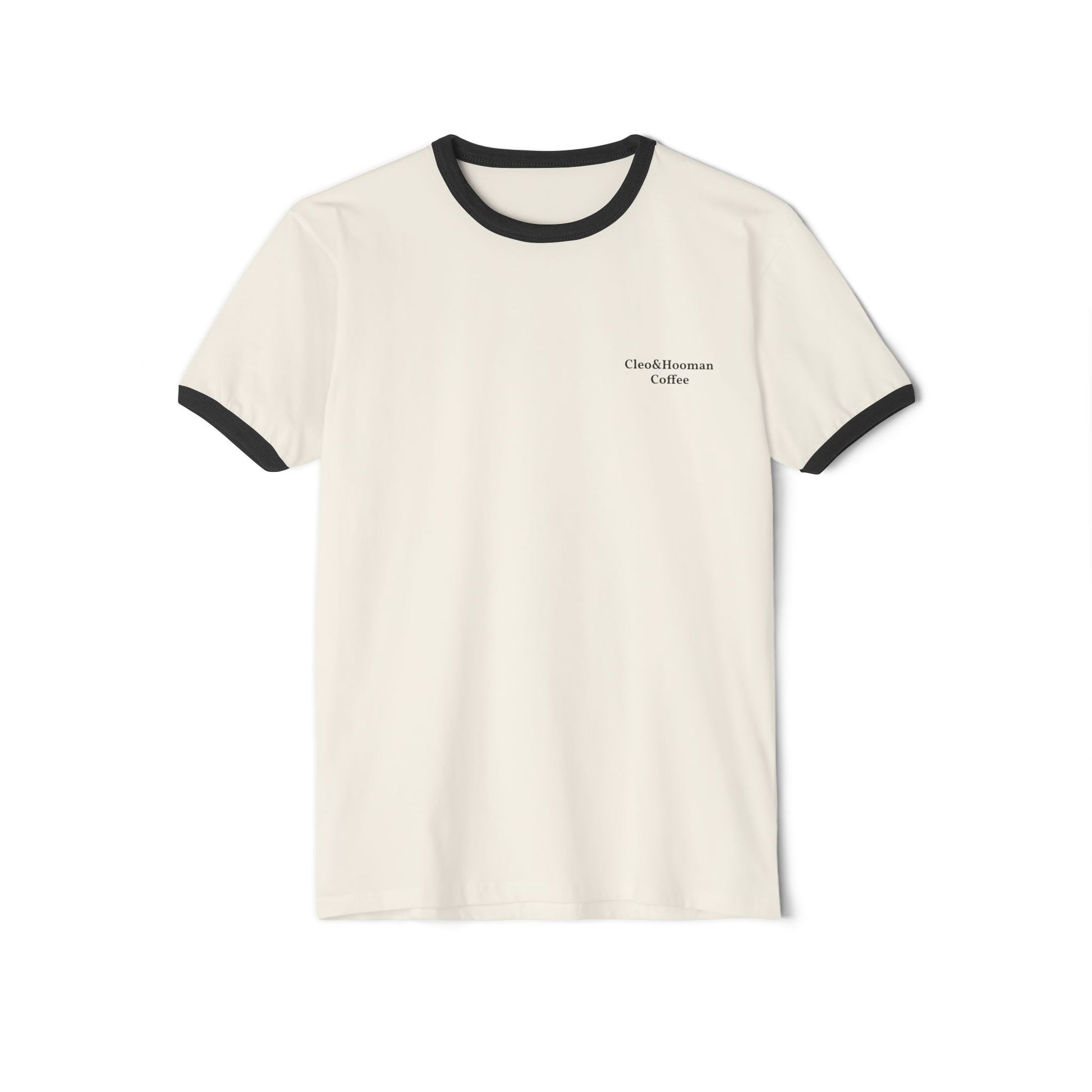 White t-shirt with black trim on a white background