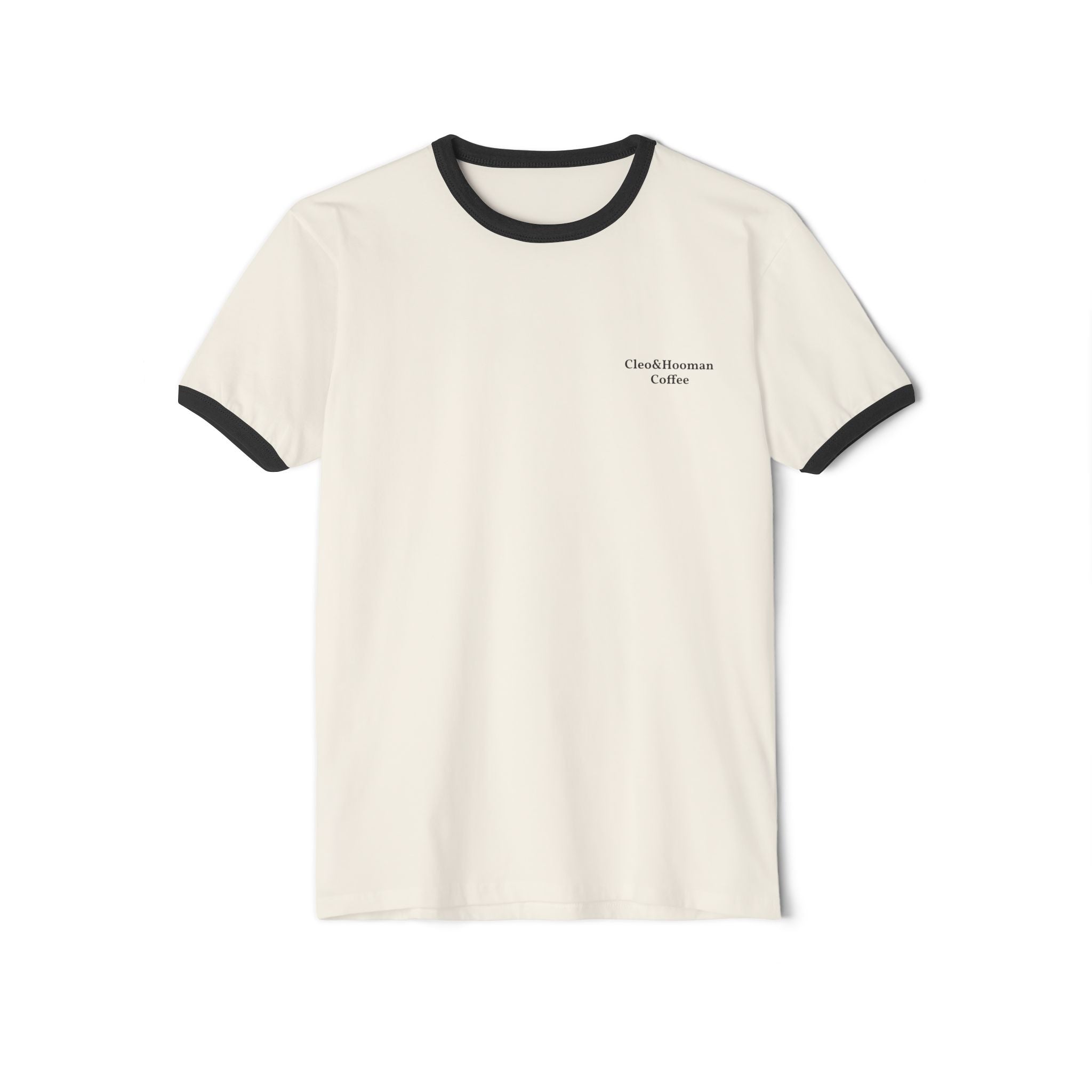 White t-shirt with black trim on a white background