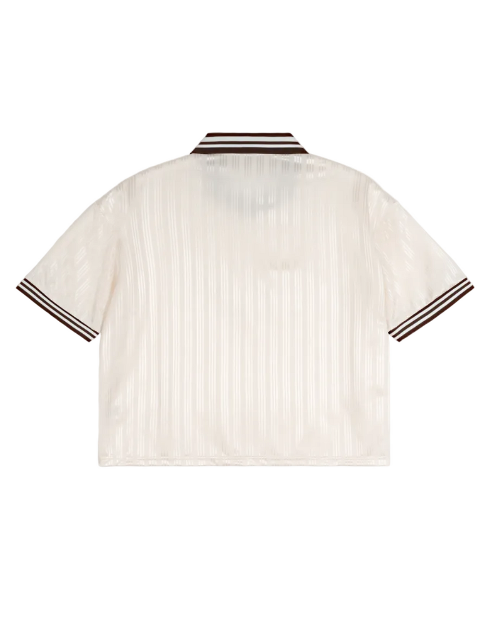 Short-sleeve shirt with striped collar and cuffs on a white background