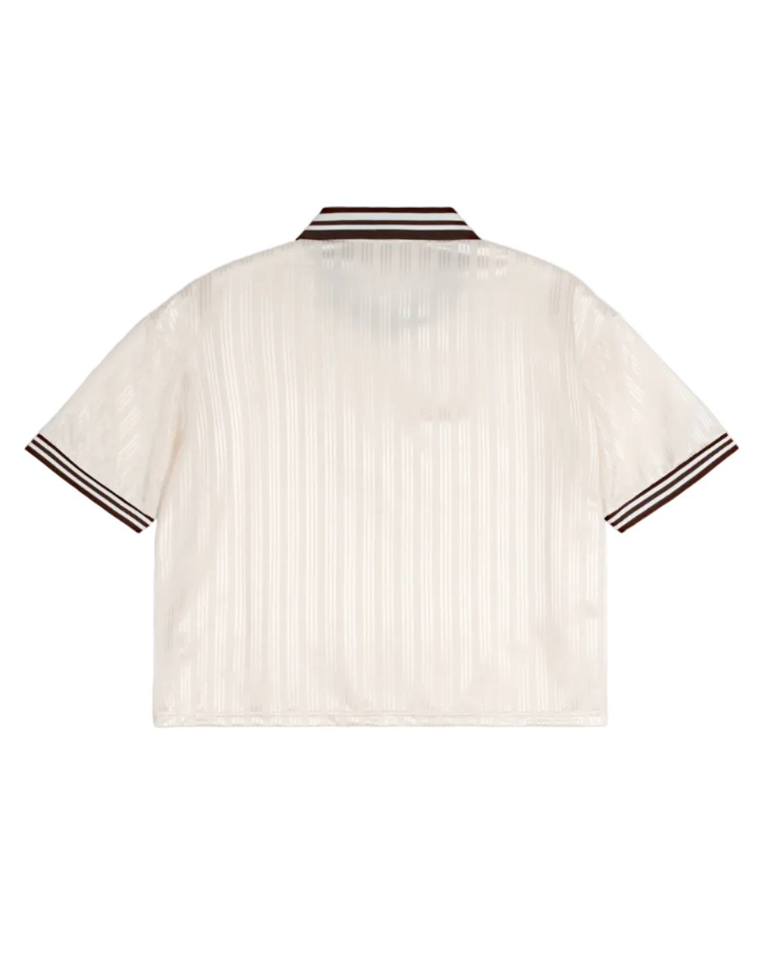 Short-sleeve shirt with striped collar and cuffs on a white background
