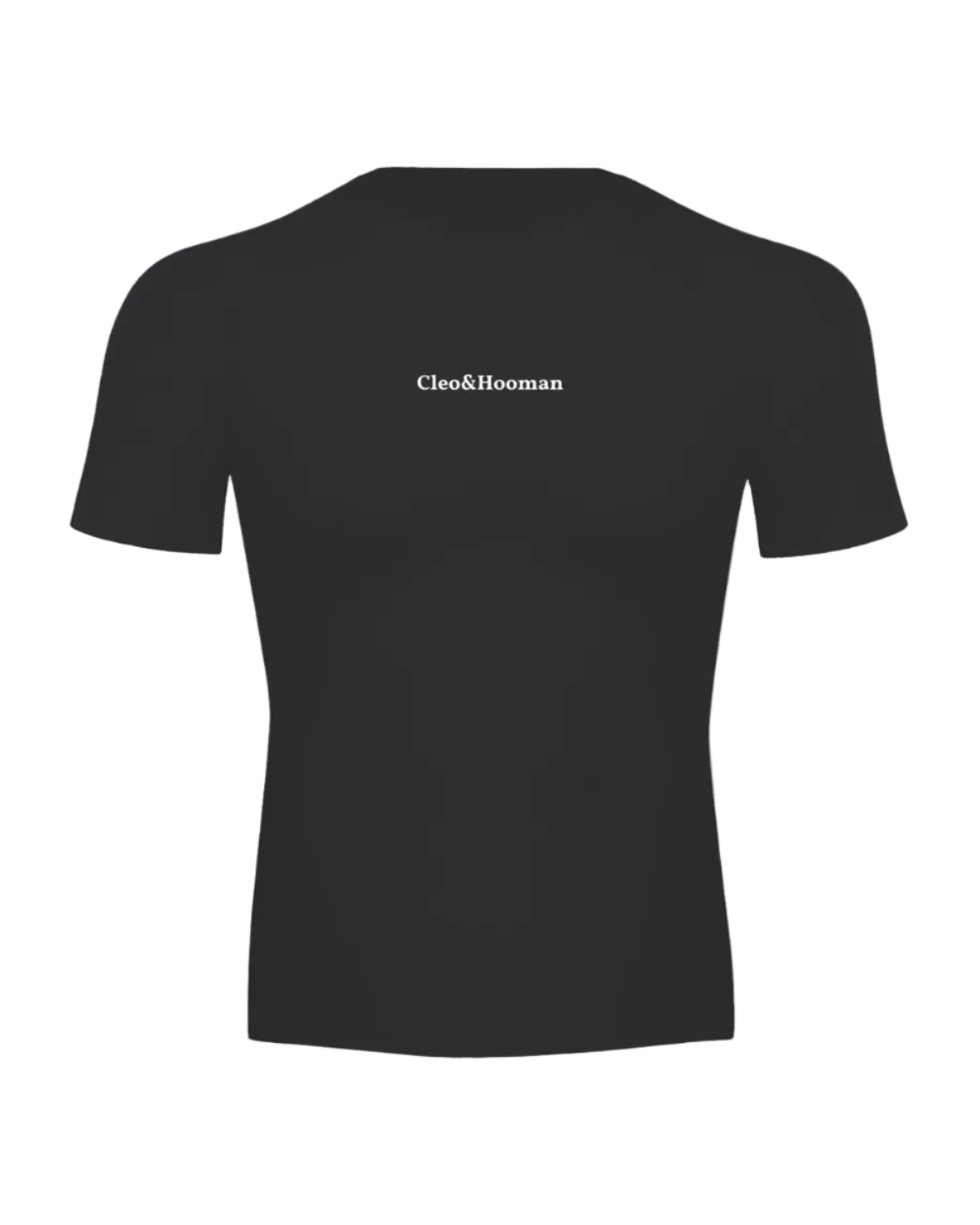 Black t-shirt with 'cleoandhooman' text on a white background