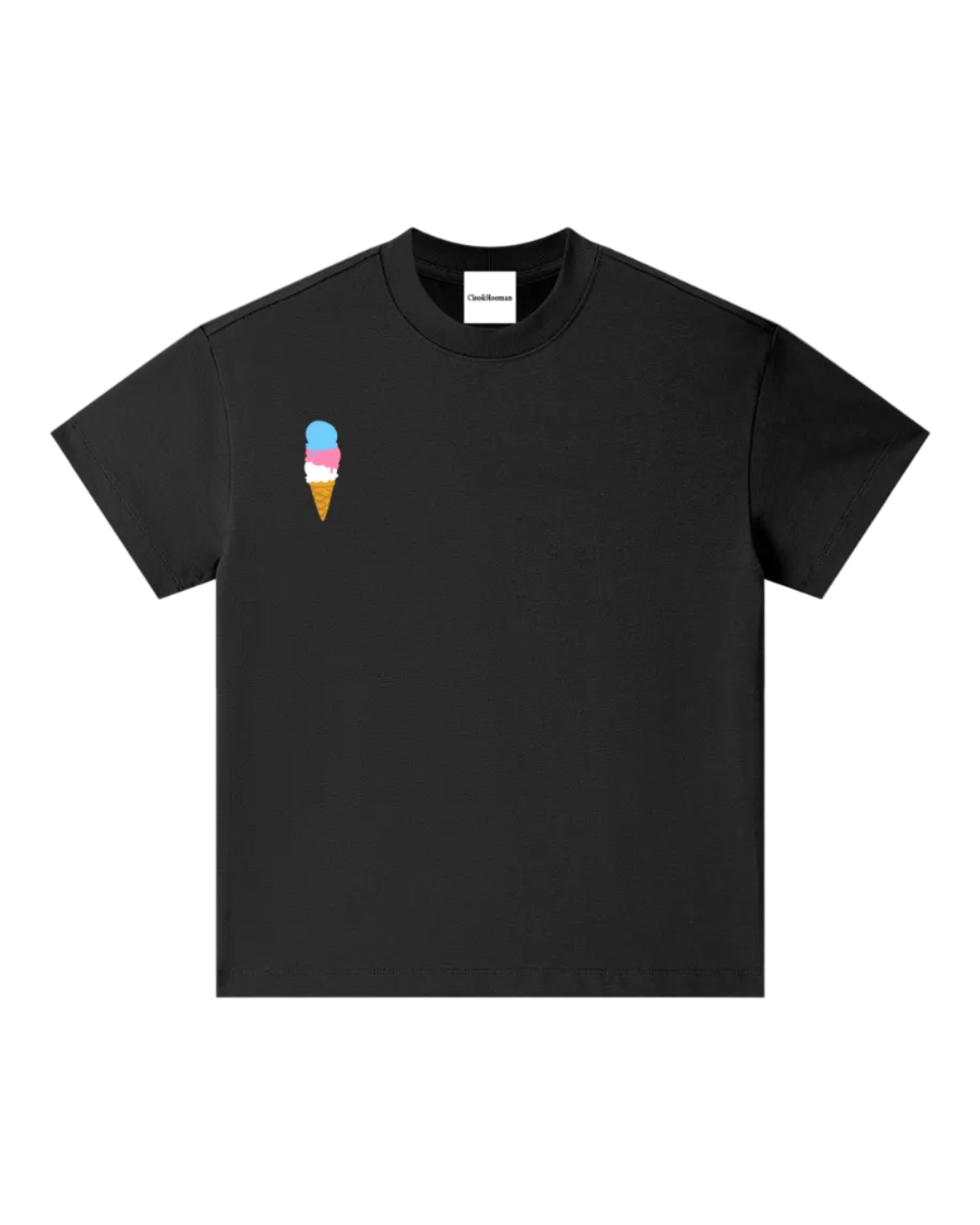 A black short-sleeve crewneck t-shirt featuring a small graphic of a three-scoop ice cream cone on the left chest. The inner neck label displays the brand  cleo&hooman