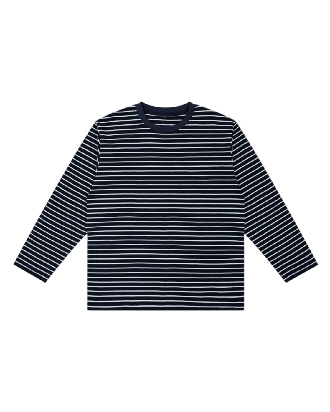 Navy and white striped long-sleeve shirt on a white background
