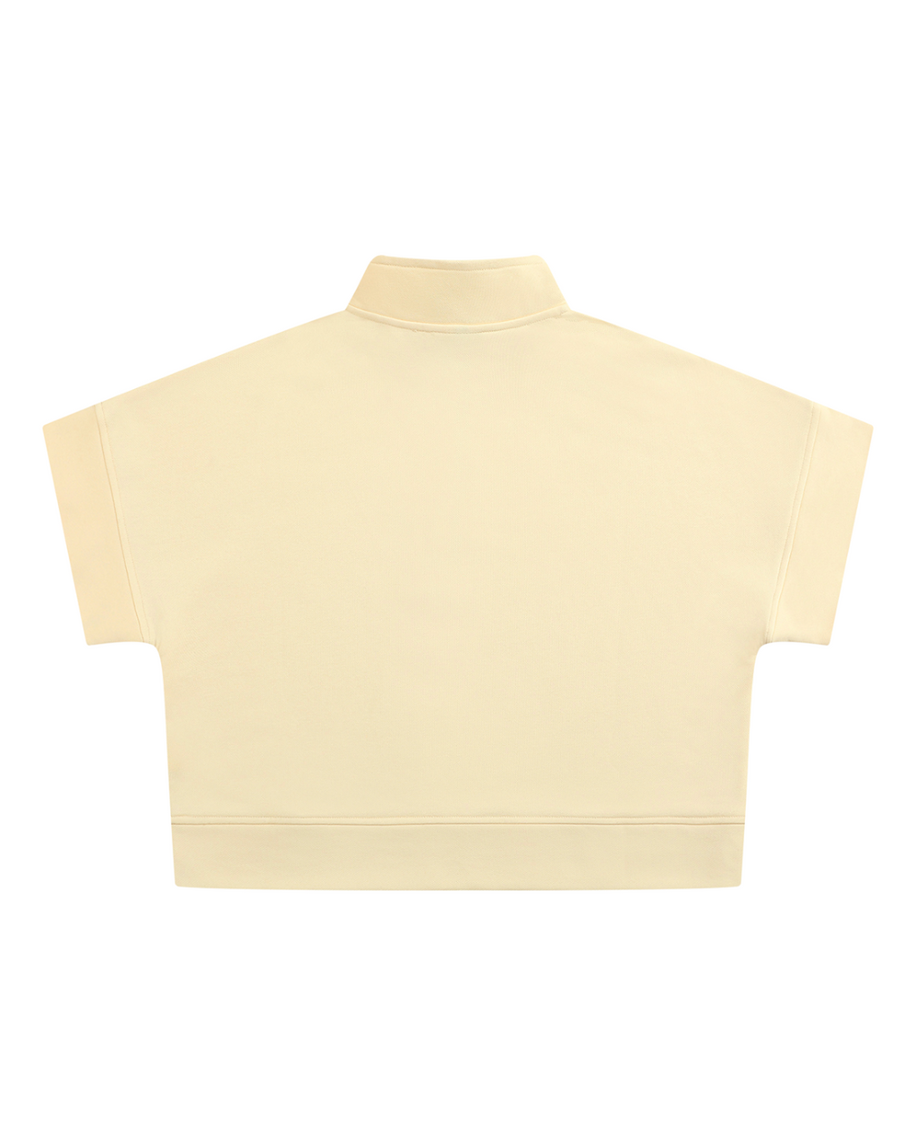 A cream-colored short-sleeve mock neck crop top shown from the back on a solid white background.