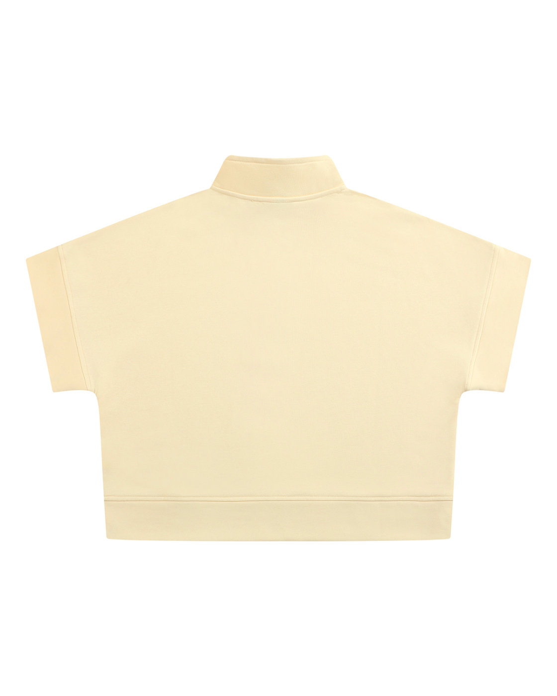 A cream-colored short-sleeve mock neck crop top shown from the back on a solid white background.