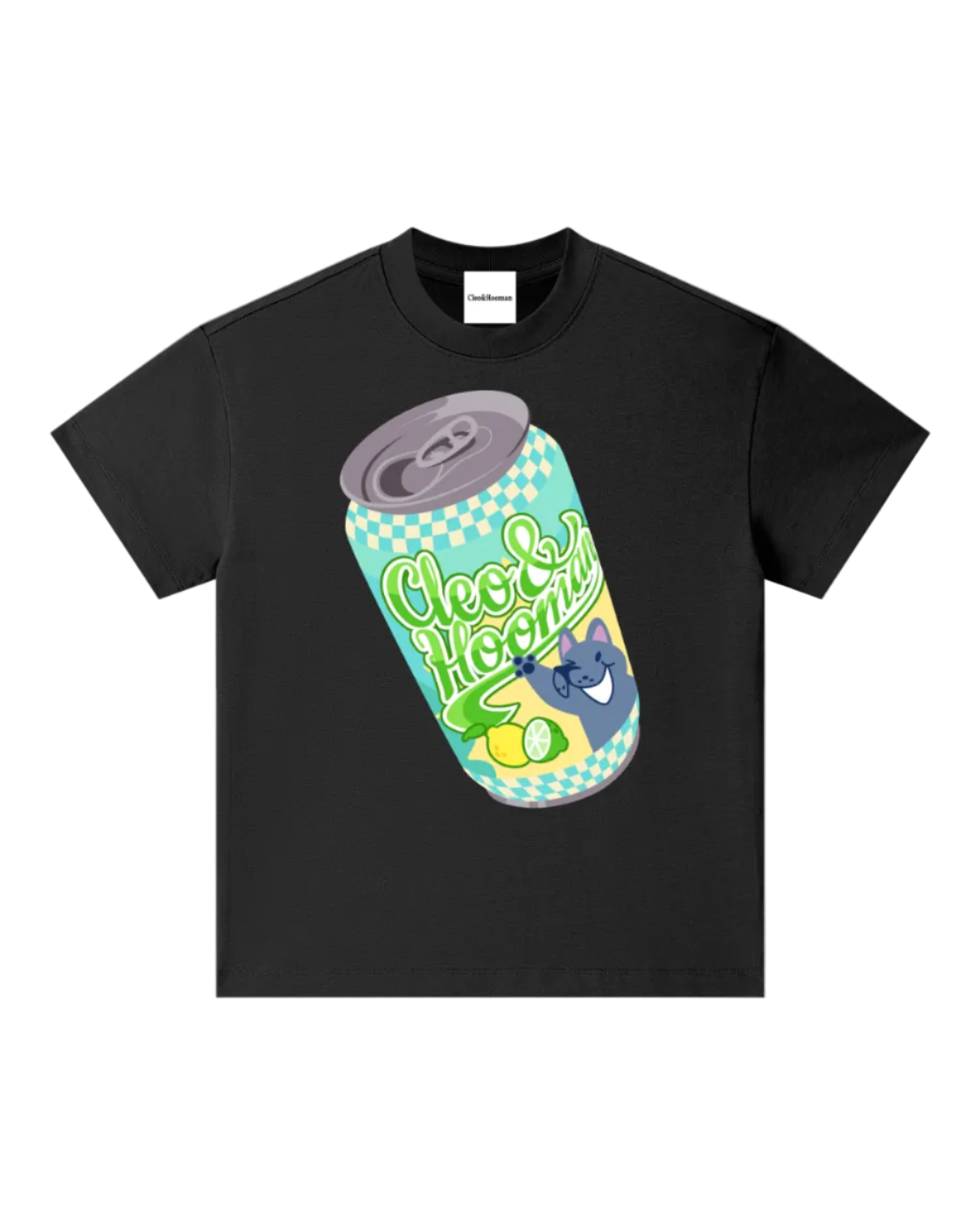 A black short-sleeve crewneck t-shirt featuring a large graphic print of a tilted soda can with the text 'Cheeky Hoody' in green script, a blue cat illustration, and a yellow lemon graphic, set against a plain white background.