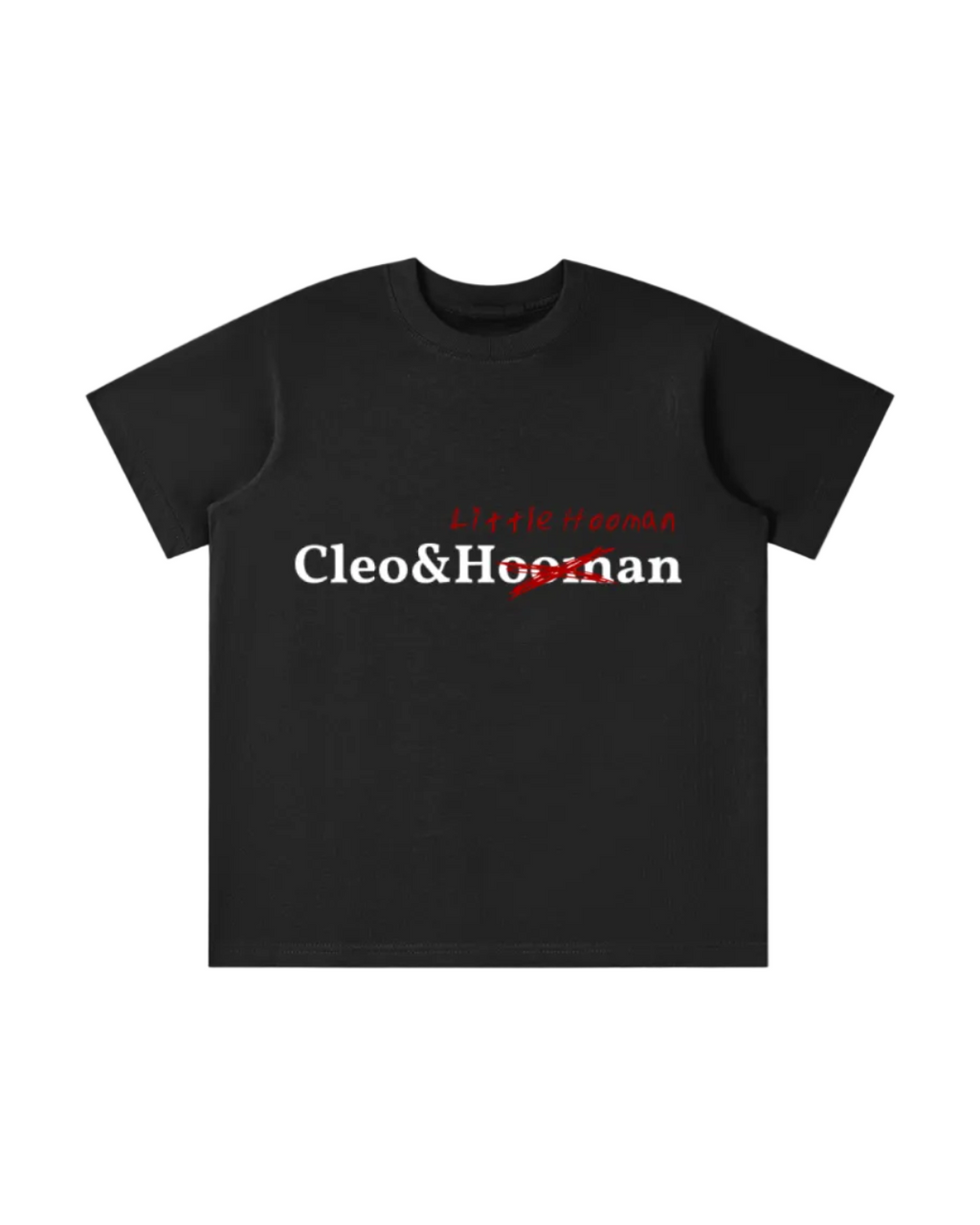 A black short-sleeve t-shirt with a graphic on the chest reading 'Cleo&Hoonan' in white, crossed out with a red scribble, and 'Little Hoonam' written in red above it, shown on a plain white background.