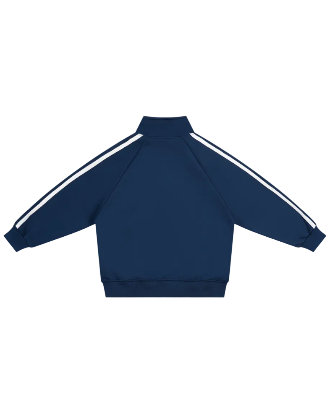 Navy blue tracksuit with white stripes on sleeves and back against a white background
