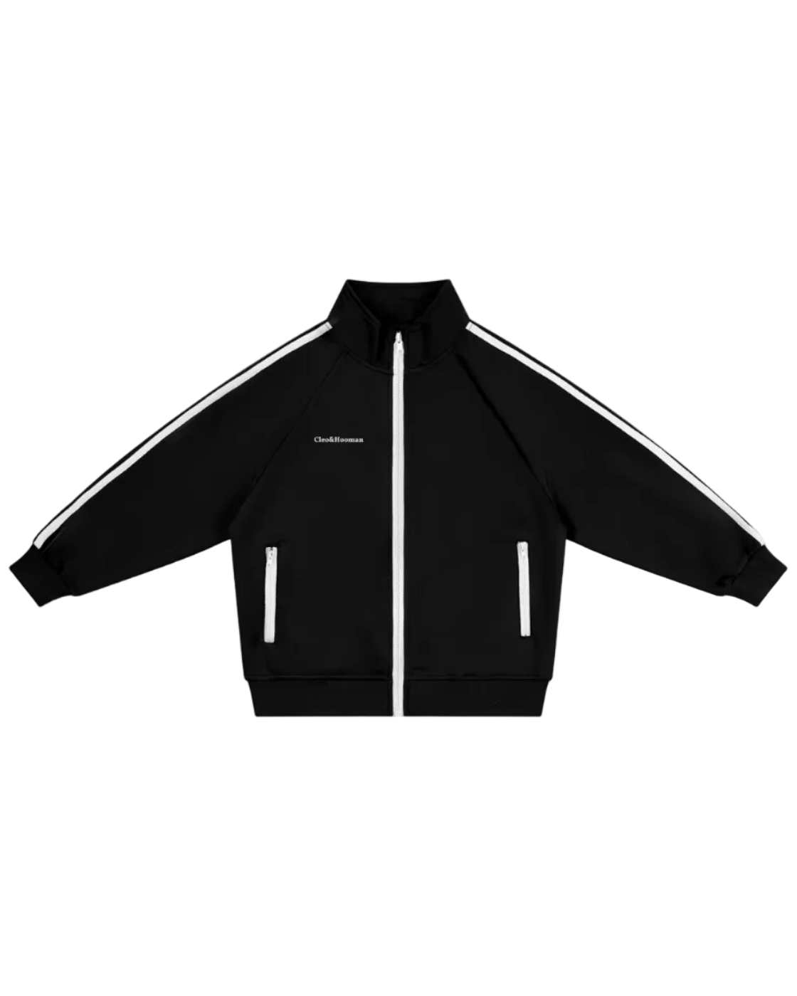 A black zip-up track jacket with white double stripes running down the sleeves and white vertical zipper details on the front, shown flat against a solid white background.