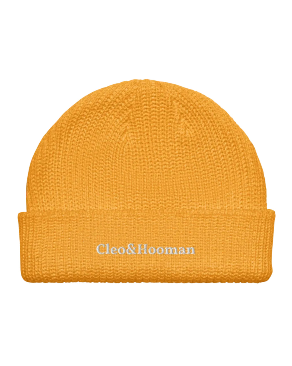 Yellow beanie with 'Cleo&Hooman' branding on a white background