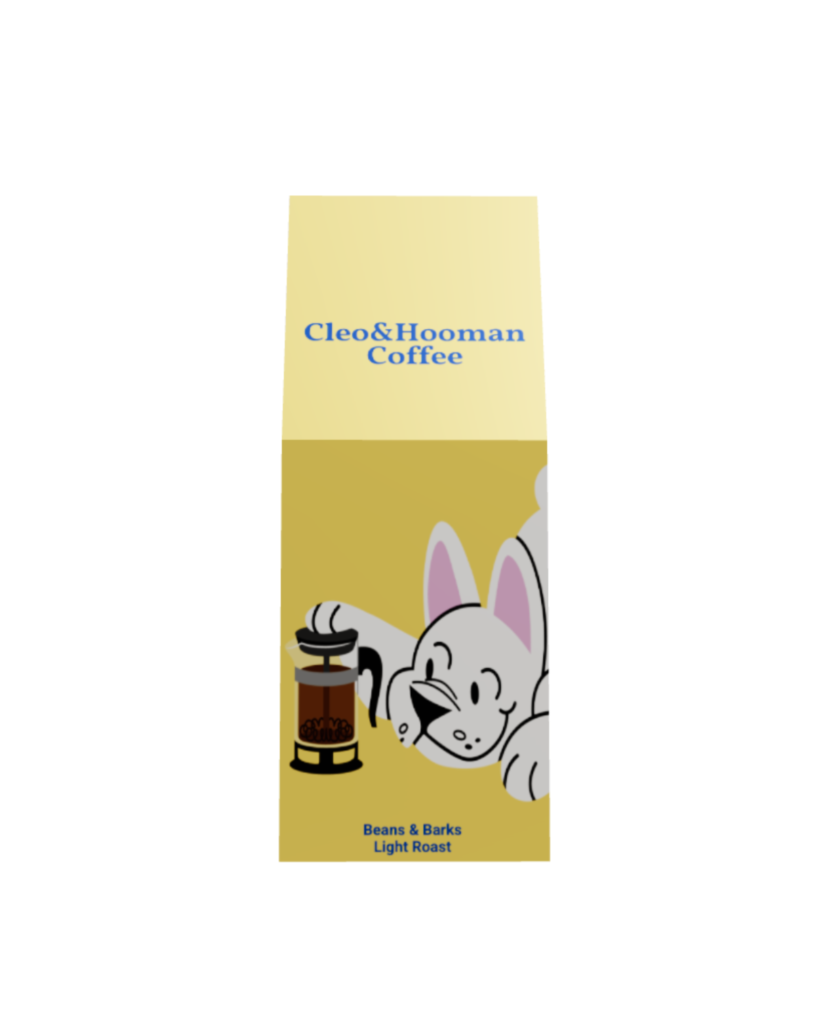 A tall rectangular coffee bag package for Cleo & Hooman Coffee, featuring a pale yellow top section with blue text and a mustard-yellow lower section with a cartoon dog holding a coffee cup.