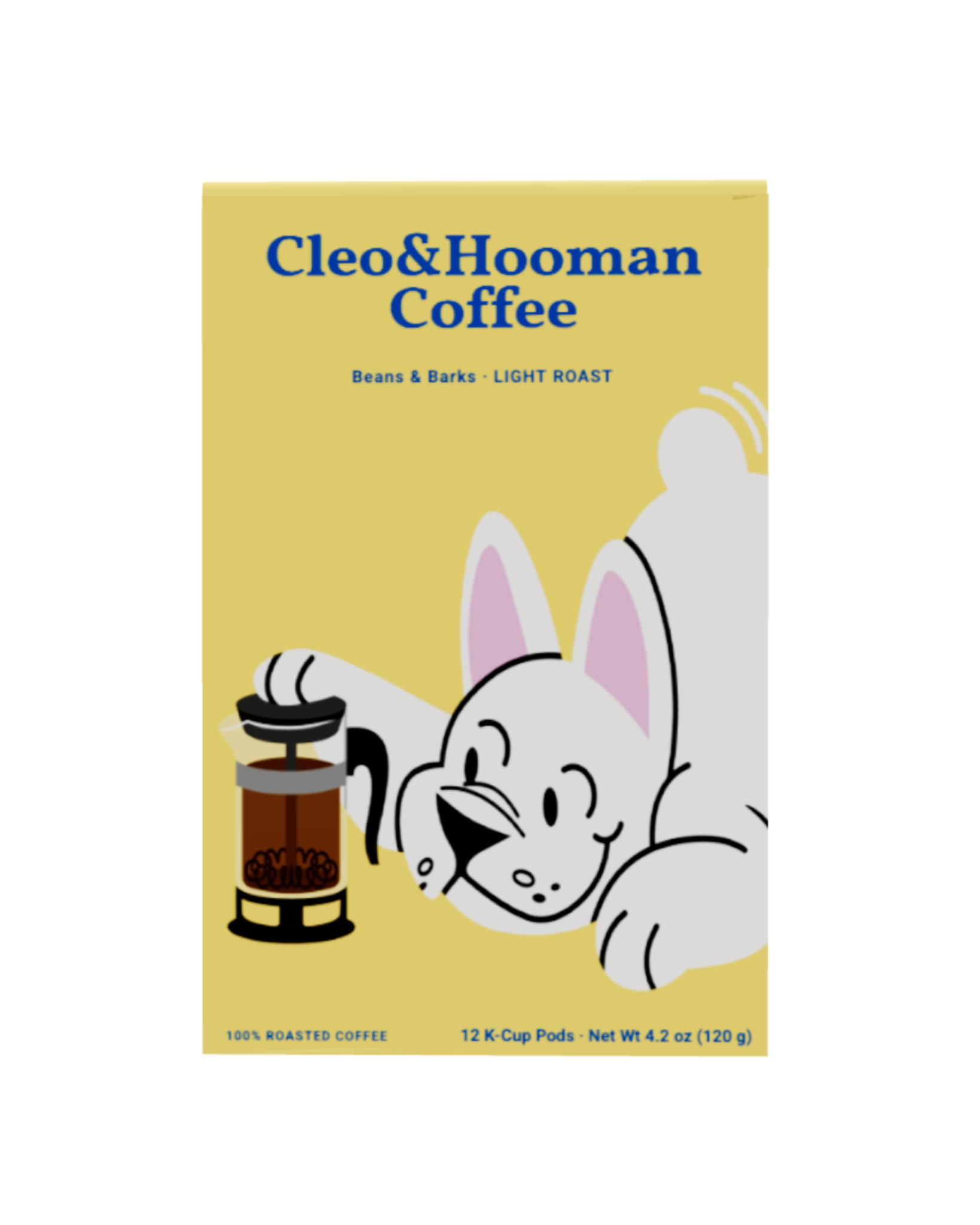 A package of Cleo & Hooman Coffee beans and roasts, featuring a light yellow box with blue text and an illustration of the Cleo character next to a coffee cup.