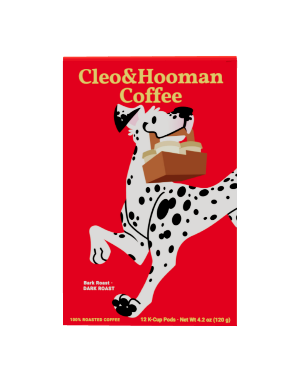 A red box of Cleo & Hooman Coffee featuring a cartoon Dalmatian carrying a coffee cup, shown on a plain white background.