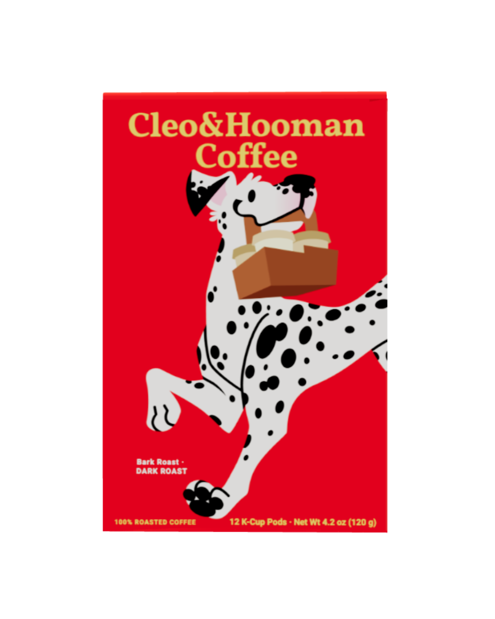 A red box of Cleo & Hooman Coffee featuring a cartoon Dalmatian carrying a coffee cup, shown on a plain white background.