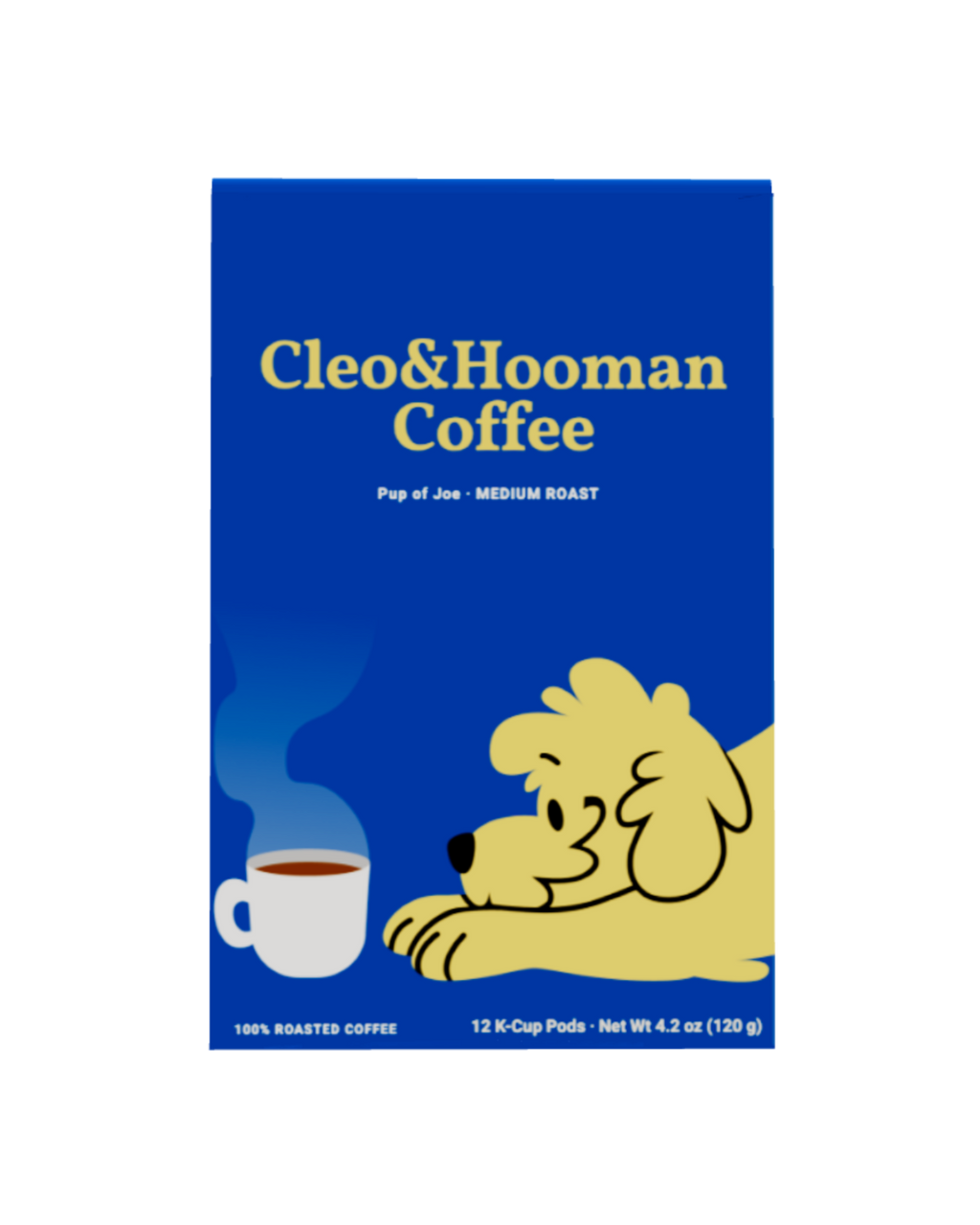 A package of Cleo & Hooman Coffee, featuring a blue box with yellow text and an illustration of the yellow Cleo character next to a white coffee cup.