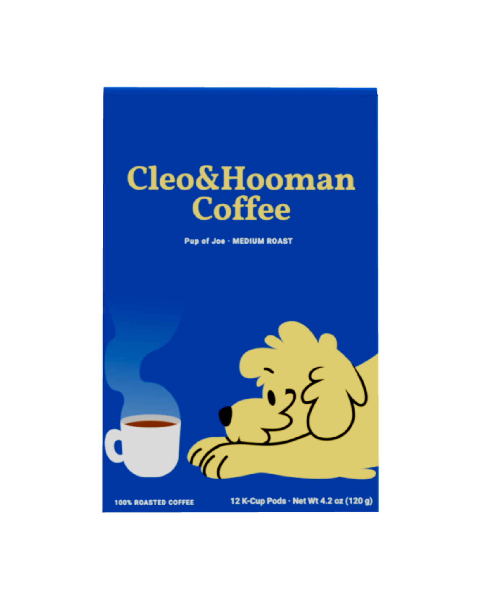 A package of Cleo & Hooman Coffee, featuring a blue box with yellow text and an illustration of the yellow Cleo character next to a white coffee cup.