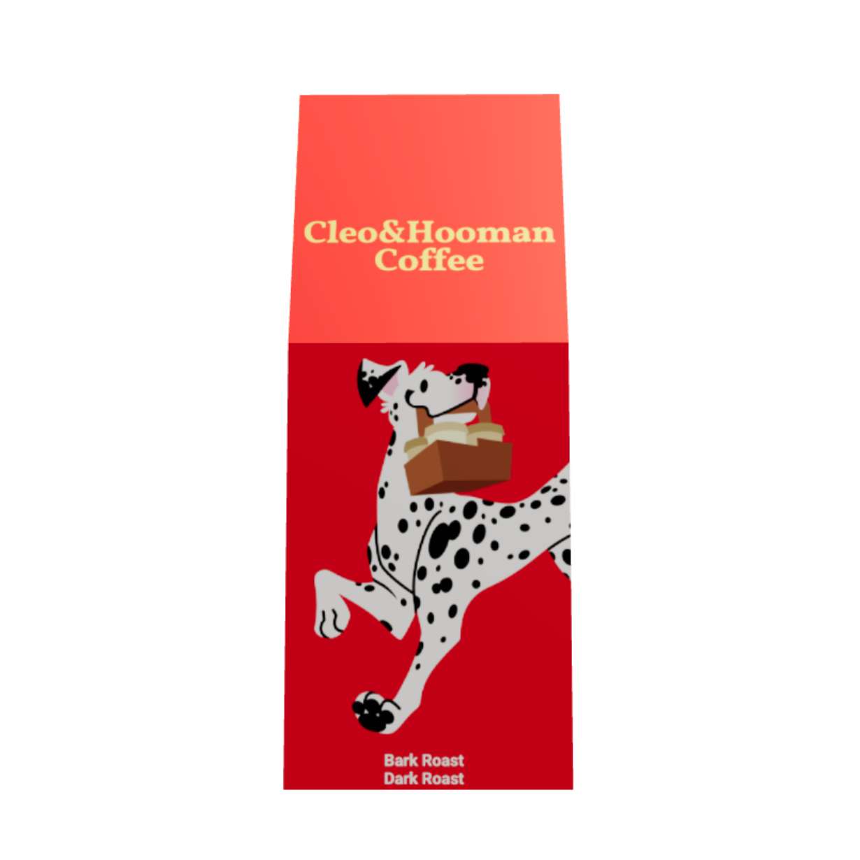 A tall, narrow red box of Cleo & Hooman Coffee, featuring a white Dalmatian dog illustration carrying a brown coffee bag, on a plain white background.