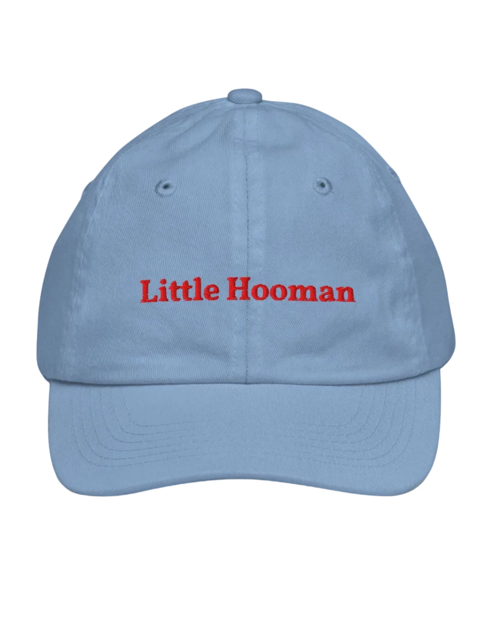 A light blue cotton baseball cap with 'Little Hooman' embroidered in red across the front, shown against a plain white background.